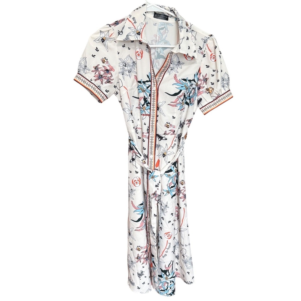 Topshop Shirt Dress Floral Bee Poetry Print Small Excellent Midi Belted